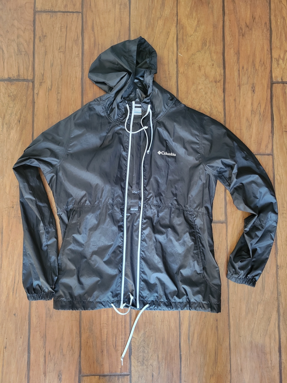 Columbia Black Hooded Rain Jacket with White Trim